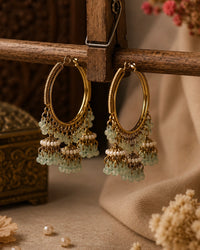 Gold Plated Mint Bead Jhumka Hoop Earrings for Women