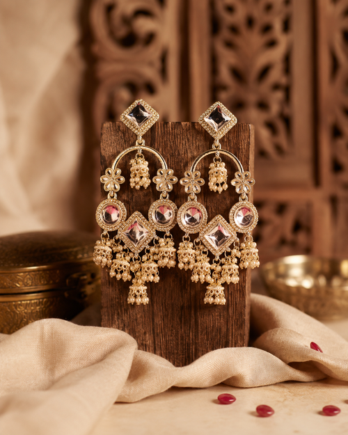 Gold Plated Kundan Pearl Jhumki Statement Earrings for Women