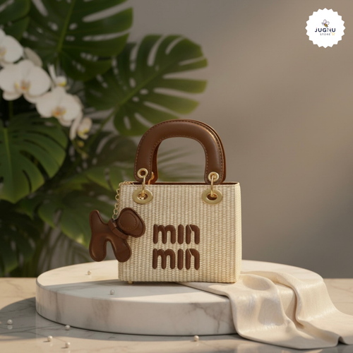 Min Min Mini Jute Handheld Bag with Dog Charm & Zipper Closure | Cute Aesthetic Mini Handbag for Women