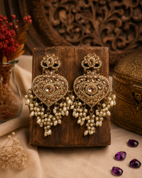 Gold Plated Reverse AD Pearl Heart Chandbali Earrings for Women