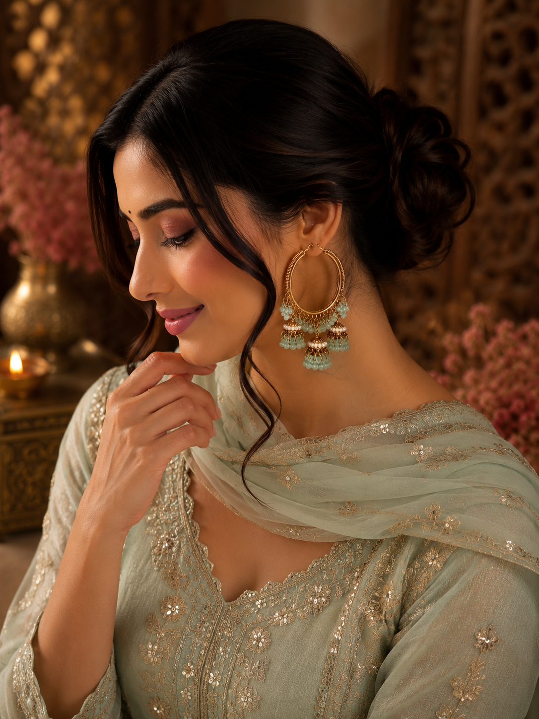Gold Plated Mint Bead Jhumka Hoop Earrings for Women