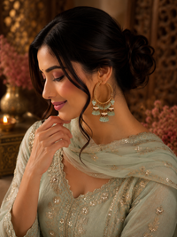 Gold Plated Mint Bead Jhumka Hoop Earrings for Women