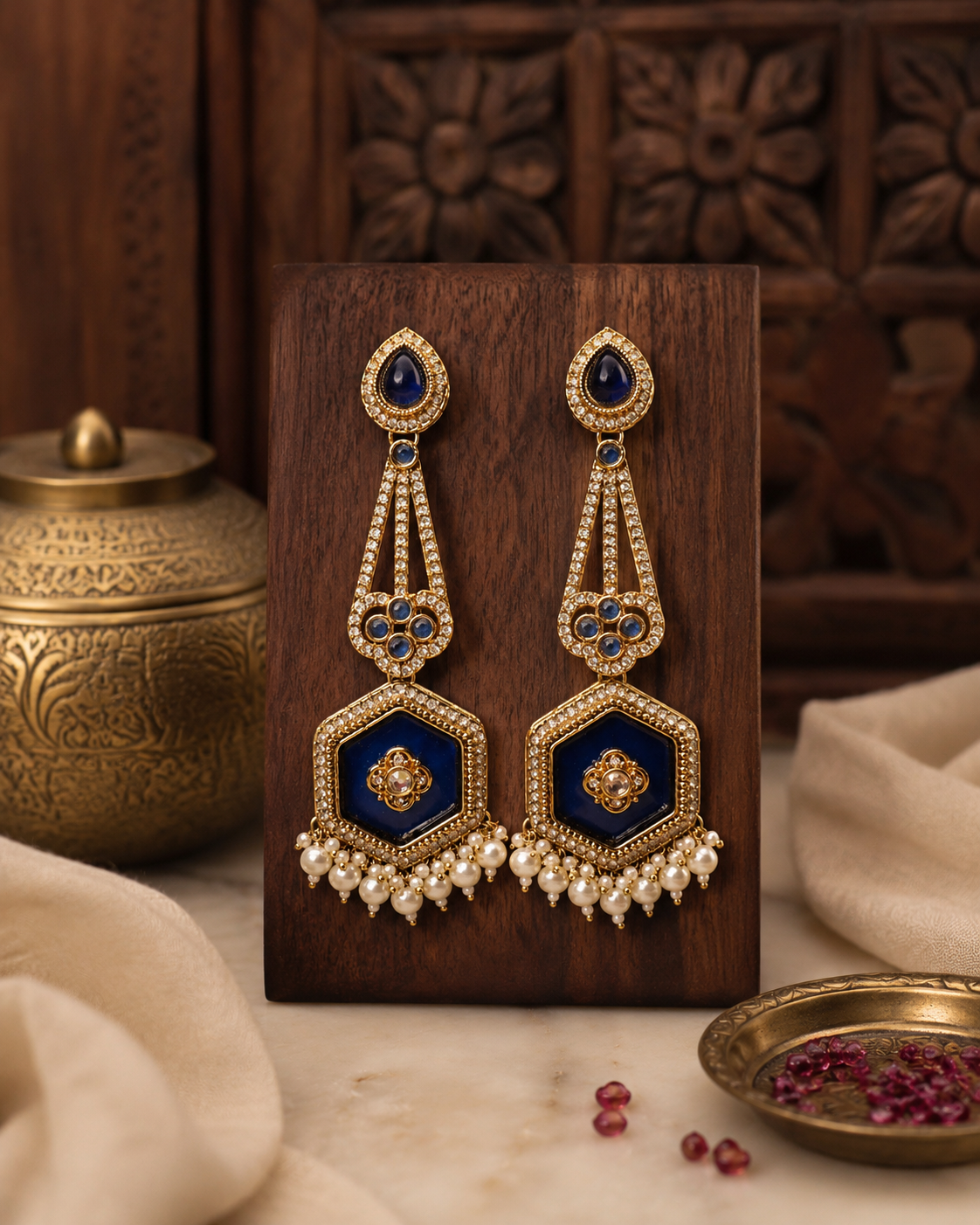 Royal Blue Kundan Pearl Chandbali Earrings for Women | Gold Plated