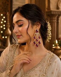 Gold Plated Ruby Red Crystal Statement Drop Earrings for Women