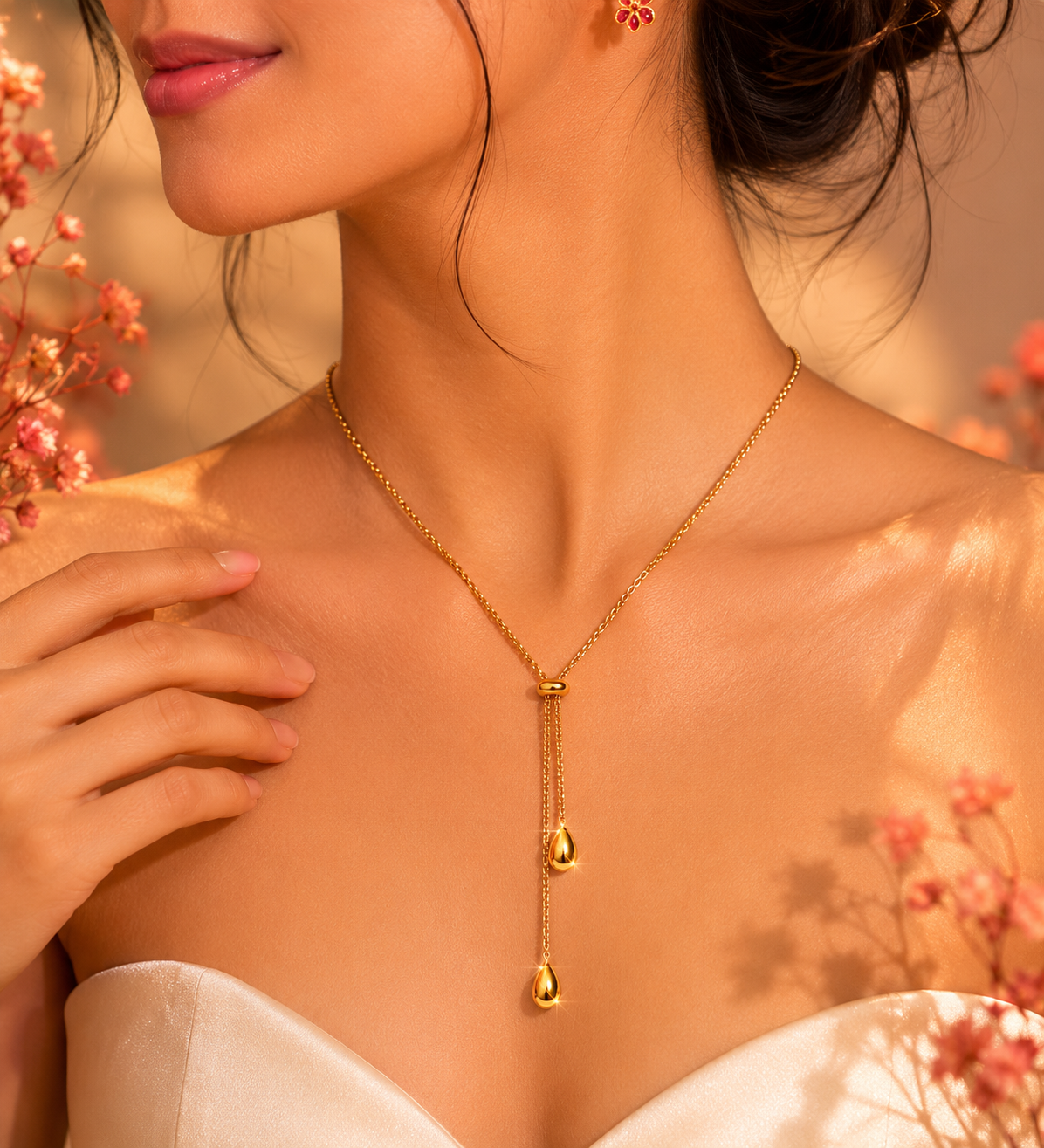 Anti Tarnish Gold Drop Lariat Necklace for Women | Minimalist Y Necklace | Adjustable Long Pendant Necklace