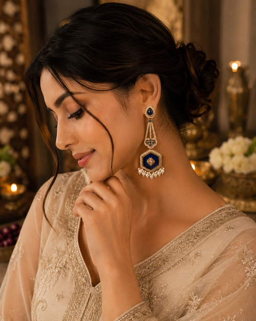Royal Blue Kundan Pearl Chandbali Earrings for Women | Gold Plated