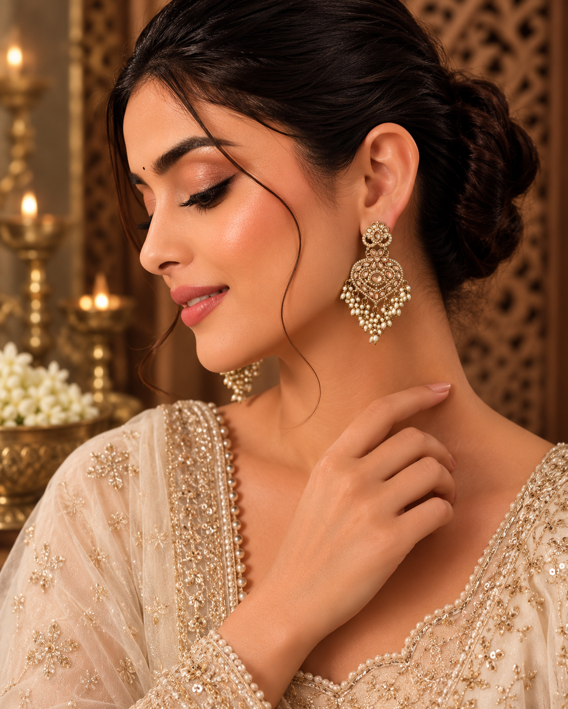 Gold Plated Reverse AD Pearl Heart Chandbali Earrings for Women