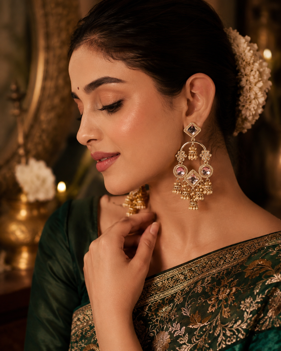 Gold Plated Kundan Pearl Jhumki Statement Earrings for Women