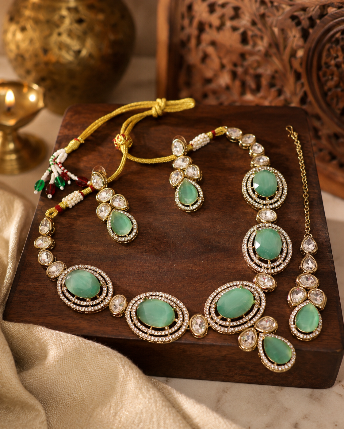 Mint Green Kundan Necklace Set for Women with Earrings & Maang Tikka